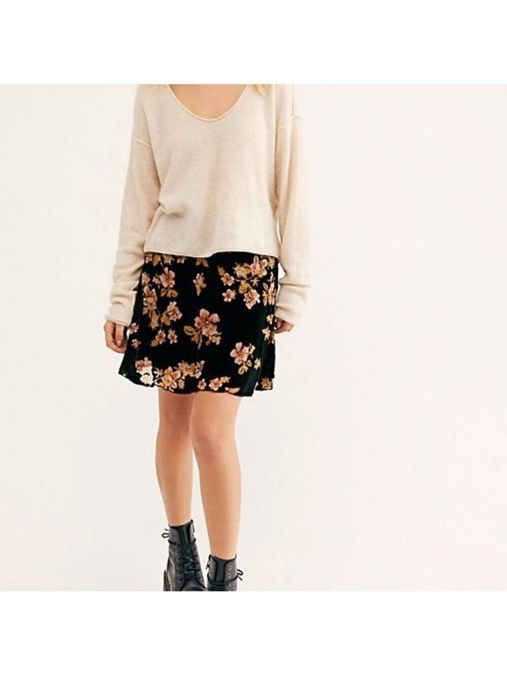 FREE people lined velvet dark floral skater bohemian festival skirt 4